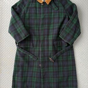 1990s Ralph Lauren Plaid Trench Coat with Tan Collar
